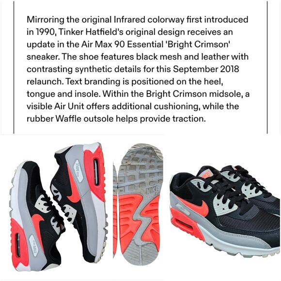 Nike Air Max 90 Essential Sneaker Size 8.5 Wolf Grey Bright Crimson AJ1285-012 - Picture 8 of 13
